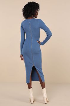 The Lulus Everyday Beauty Blue Long Sleeve Ribbed Knit Sweater Dress is the perfect pick to spice up your every day, from the office to date night! Stretchy, comfy ribbed knit shapes this fall-ready dress that has a V-neckline and long fitted sleeves. The fitted bodice continues into a figure-hugging bodycon skirt that ends at a tasteful midi skirt. Exposed, full-length gold zipper accents the back. Fit: This garment fits true to size. Length: Mid-calf length. Size medium measures 47" from shoul Fall Ribbed Sweater Dress In Midi Length, Chic Ribbed Bodycon Dress For Fall, Ribbed Workwear Dresses For Fall, Fall Ribbed Workwear Dresses, Long Sleeve Ribbed Sweater Dress For Work, Ribbed Knit Bodycon Dress For Fall, Casual Ribbed Sweater Dress For Work, Ribbed Stretch Midi Dress For Fall, Ribbed Sweater Dress For Date Night In Winter