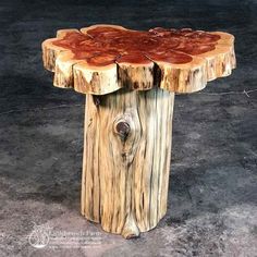 a table made out of tree trunks on the ground