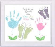 three hand prints with the words, we love you grandma and son daddy etc on them