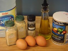 an assortment of ingredients on a wooden table