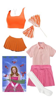 an orange shirt, pink skirt and white shoes