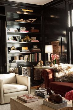 a living room filled with lots of furniture and bookshelves covered in black walls