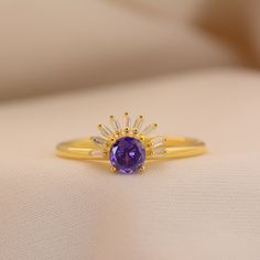 🌸 Behold the enchanting beauty of our Gold Plated Amethyst Flower Ring! 🌸 💍 This exquisite dainty amethyst ring is a true gem in every sense. Crafted with precision and love, it features a stunning amethyst gemstone at its center, perfectly complemented by delicate gold plating. ✨ Our February birthstone ring holds a special significance, as amethyst is known to symbolize protection, intuition, and clarity. It's the perfect way to honor those born in the month of February or to commemorate a Dainty Amethyst Birthstone Ring Gift, Purple Crystal Promise Ring, Lavender Crystal Promise Ring, Purple Round Birthstone Ring Gift, Round Purple Birthstone Ring Gift, Purple Dainty Birthstone Promise Ring, Lavender Birthstone Promise Ring, Elegant Lavender Crystal Birthstone Ring, Lavender Cubic Zirconia Rings For Gift