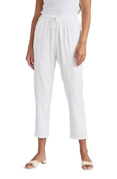 Keep it light and breezy in these drawstring-waist pants crafted with handy pockets and straight legs. 27" inseam, 14" leg opening, 12" front rise, 15" back rise (size Medium) 73% viscose, 27% lyocell Machine wash, tumble dry Imported White Drawstring Ankle-length Bottoms, White Ankle-length Drawstring Pants, Casual Capri Pants With Elastic Waistband, Relaxed White Ankle-length Bottoms, Relaxed Ankle-length White Bottoms, Relaxed White Ankle-length Pants, White Relaxed Ankle-length Pants, Loungewear Tapered Leg Capris With Elastic Waistband, Loungewear Capris With Elastic Waistband And Tapered Leg