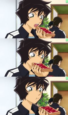 an anime character eating some food with another person looking at the camera and smiling behind him