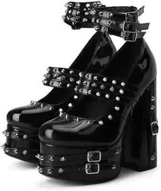 Women Pumps Studded Platform Round Toe Buckle Straps Punk Gothic Shoes Woman  | eBay Mall Goth Shoes, Gothic Heels, Emo Shoes, Alt Shoes, Goth Platforms, 24 Birthday, Weird Core, Kawaii Fairy, Gothic Y2k