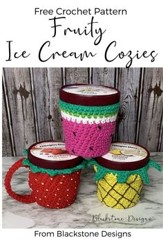 Fruit themed Crochet Ice Cream Cozies: Watermelon, Strawberry, and Pineapple Fruity Ice Cream, Ice Cream Pint, Etsy Knitting Patterns, Ice Cream Cozy, Crochet Strawberry, Crochet Fruit