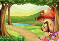 a painting of a mushroom house in the woods with flowers and trees around it,