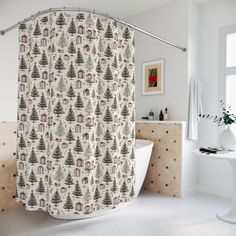 a bathroom with a bathtub and shower curtain in the shape of trees on a white background