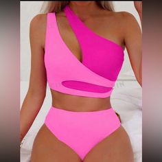 This Bikini Is Brand New Never Seen Water. The Bottoms Are Brazilian Cut. The Top Is So Cute And Does Have Removable Pads. Pink Stretch Tankini For Party, Pink Beachwear Tankini For Party, Pink Tankini For Beach Party, Pink Triangle Top Tankini For Party, Brazilian Cut, Pink Collar, Pink Collars, Colour Block, Women Swimsuits