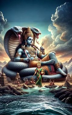 an image of the god sitting on top of a giant snake in front of a body of water