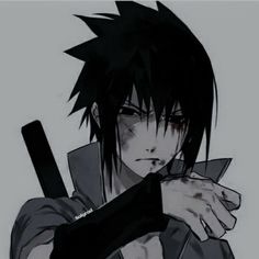 an anime character with black hair holding a knife in his right hand and looking at the camera