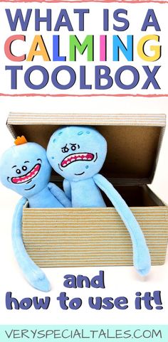 two stuffed animals in a box with the words what is a calming toolbox and how to use it