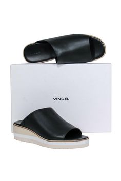 Current Boutique-Vince - Black Leather Slide Wedge Sandals Sz 9 Modern Platform Slippers With Textured Sole For Beach, Spring Cushioned Wedge Heel Slides, Spring Wedge Heel Slides With Cushioned Footbed, Chic Summer Slide Platform Slippers, Summer Slide Wedge Sandals With Textured Sole, Black Wedge Heel Slides For Summer, Summer Wedge Slide Sandals With Textured Sole, Spring Comfortable Wedge Heel Slides, Spring Comfortable Slides With Wedge Heel