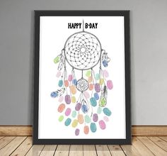 a poster with the words happy b - day written on it and a drawing of a dream catcher