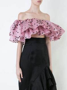 Shop Bambah ruffled silk organza top with Express Delivery - FARFETCH Organza Top, Silk Organza, Shoulder Design, Black Ruffle, Polka Dot Print, Pink And Black, Dot Print, Off The Shoulder, Polka Dot