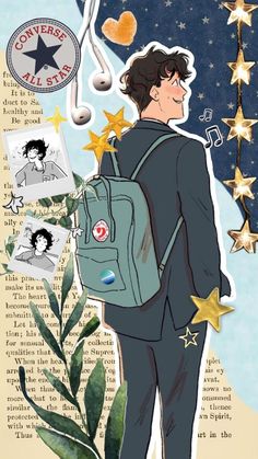 a drawing of a man with a backpack and stars on his back, looking at the sky