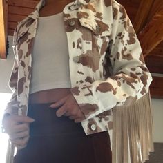 Gorgeous 100% Cotton Cream And Brown Cow Print Jacket With Fringe. Perfect For The Western Fringe Trend, Or For Cowboy Bachelorettes. Brand Unknown, Size Small Spring Rodeo Outerwear With Pockets, Casual Spring Outerwear For Rodeo, Trendy Cream Denim Jacket For Fall, Cow Print Jacket, Cow Jacket, Bachelorette Nashville, Brown Denim Jacket, Brown Cow Print, Boho Looks