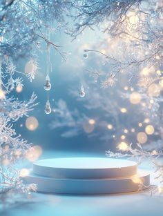 an empty podium surrounded by snow covered trees and christmas lights in the background with falling ornaments