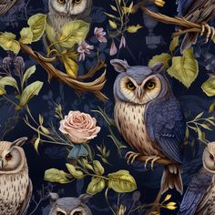 an image of owls and flowers on a dark blue wallpaper background that is seamless