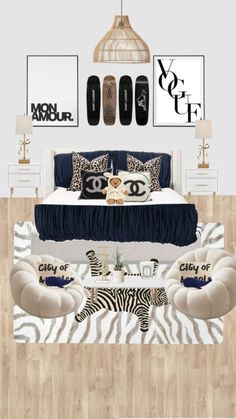 the bedroom is decorated with zebra prints and pillows