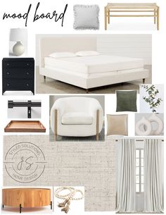 mood board with white furniture and neutral colors