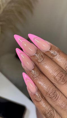 Latest Almond Nails Designs, Pink Nail Sets Almond, Pink French Tip Nails Oval, Long Almond Shaped Nails Designs, Almond Shaped Acrylic Nails Designs, Pink French Tip Nails Almond Long, Pink French Tip Nails Almond Diamond, Pink Pointy Nails Design, Easter Nails Almond Shape