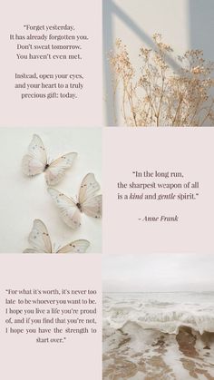 some white butterflies are flying over the water and on top of a pink background with an inspirational quote