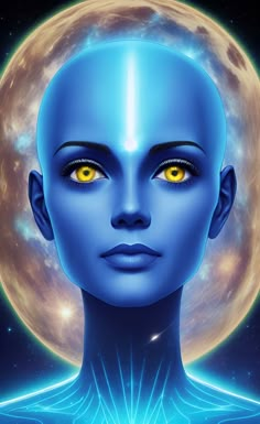 an alien woman with yellow eyes stares into the distance in front of a full moon