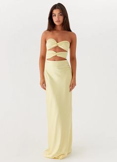 Tianna Strapless Maxi Dress - Yellow – Peppermayo US Hen Party Dress, Hen Party Outfits, Double Twist, Strapless Neckline, Strapless Maxi, Beige Dresses, Strapless Maxi Dress, Festival Dress, Dressy Tops