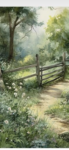 a painting of a path leading to a wooden fence