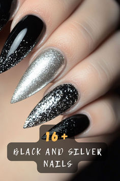 Black and silver nails are the perfect combo of edgy and chic! These 16 designs include ombre, glitter accents, and minimal patterns to upgrade your manicure. Click to explore them all! 💅✨🖤 #NailInspo #BlackAndSilverVibes #ChicNailDesigns #ManicureIdeas #BeautyTrends #NailArtIdeas #StylishNails Black And Silver Nail Designs, Black And Silver Nails, Nail Color Combinations, Silver Nail Designs, Chic Nail Designs, Glitter Stilettos, Elegant Nail, Minimal Patterns, Ombre Glitter