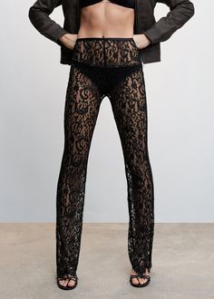 Lace pants - Women | MANGO USA Lace Pants Outfit, Black Lace Pants, H.e.r Style, Outfit Zara, Lace Pants, High Fashion Outfits, Sheer Fabrics, Trousers Women, Party Outfit