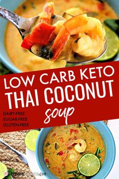 low carb keto thai coconut soup in a blue bowl with a spoon and lime