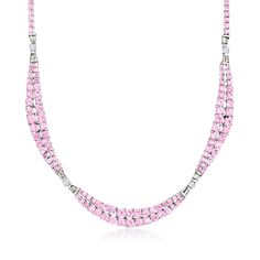 Ross-Simons - 15.00ct t. w. Pink Sapphire, 1.10ct t. w. Diamond Necklace. 16". Dazzled with 15.00 ct. t. w. pink sapphire rounds, this ultra-glamorous necklace drapes shimmery curves as 1.10 ct. t. w. tapered baguette and round brilliant-cut diamond bows twinkle in between. Finely crafted in polished 14kt white gold. Graduates from 1/8" to 3/8" wide. Single-latch safety. Push-button clasp, diamond and pink sapphire necklace. Pink Sapphire Necklace, Sapphire Diamond Necklace, Diamond Bows, Gorgeous Jewelry, Round Brilliant Cut Diamond, Push Button, Girls Best Friend, Pink Sapphire