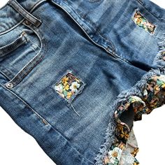 Womens Ruffle Trim Cutoffs , Upcycled Denim - Etsy Patchwork Jeans, Flower Embroidery Designs, Upcycled Denim, Flower Embroidery, Embroidery Flowers, Ruffle Trim, Cut Off, Short Outfits, Embroidery Designs