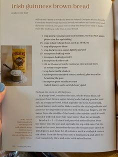 the recipe book is open to show instructions for making irish brown bread with oatmeal