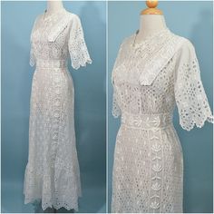 White Elegant Victorian Dress With Broderie Anglaise, Elegant Wedding Dresses With Broderie Anglaise, Vintage Victorian Dress With Lace For Wedding, Victorian Dress For Vintage Summer Events, Vintage White Victorian Dress For Summer Wedding, Victorian Dress For Summer Vintage Events, Vintage Dresses With Historical Design For Party, Vintage Victorian Wedding Dress With Lace Work, Vintage Party Dress With Historical Design