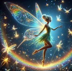 a fairy is flying through the air with butterflies around her and rainbows in the background