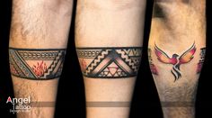 three tattoos on the legs of men with different designs and colors, including an eagle