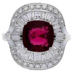 This stunning ring has been crafted from 18-karat gold. It is hand set with 3.63 carat ruby and 2.0 carats of sparkling diamonds. The ring is a size 7 and may be resized to larger or smaller upon request. FOLLOW MEGHNA JEWELS storefront to view the latest collection & exclusive pieces. Meghna Jewels is proudly rated as a Top Seller on 1stDibs with 5 star customer reviews. All items manufactured by us are handmade and can be customized or redesigned. Composition Size-US-7 Gross Weight: 6.5 Grams Luxury Platinum Ruby Ring, Luxury Cushion Cut Ruby Ring With Diamond, Luxury Ruby Gemstone Ring In Platinum, Luxury Ruby Ring With Platinum Center Stone, Luxury Platinum Ruby Ring With Center Stone, Gia Certified Baguette Cut Ruby Ring, Luxury Cushion Cut Ruby Ring With Halo Setting, Luxury Red Ruby Ring Baguette Cut, Luxury Red Baguette Cut Ruby Ring