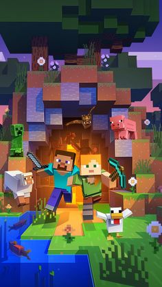 an image of minecraft characters in front of a fire place with other people and animals