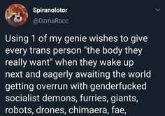 a tweet with the caption saying using 1 of my gene wishes to give every transs person the body they really want