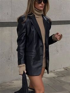 Style Parisienne, Leather Coat Womens, Pockets Fashion, Winter Vintage, Vintage Long Sleeve, Outfit Inspo Fall, Leather Blazer, Black Leather Jacket