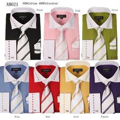 George Men's 3 Piece Stylish Dress Shirt Set Style-AH621                George Dress Shirt Set  (color available : Black, Pink, Olive, Blue, Red, Gold and Purple) This is a fashionable Excellent quality dress shirt from George style-AH621.  60% Cotton 40% Polyester Slick design  French Cuff Spread Collars New with Tags                           Shipping: All orders will be processed within 48 hours of payment received, excluding weekends and holidays.  We ship to US only. We offer both economy a Mens Fashion Dress Shirts, Polka Dot Shirt Dress, Shirt With Tie, French Cuff Dress Shirts, Solid Dress Shirt, Men's Dress Shirts, Mens Clothing Store, Pink Olive, New Mens Fashion