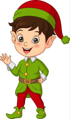 a little boy dressed in an elf costume and waving at the camera with his hand