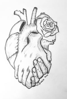 a drawing of two hands holding a heart with a rose in the middle and one hand on