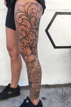 Dainty Leg Sleeve Tattoos For Women, Leg Sleeve Tattoos Black Female, Elephant Half Sleeve Tattoo, Flower Leg Tattoo Men, Unique Leg Tattoos Women Design, Women’s Leg Tattoo Floral, Full Leg Piece Tattoo, Back Of Leg Sleeve, Ornamental Tattoo Leg Woman