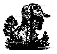 the silhouette of a man standing in front of trees and bushes with his hat on