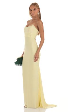 Macey Corset Strapless Dress in Yellow | LUCY IN THE SKY Strapless Summer Evening Dress For Dinner, Summer Strapless Evening Dress For Dinner, Fitted Bandeau Evening Dress, Fitted Draped Strapless Evening Dress, Fitted Draped Strapless Dress For Evening, Fitted Bandeau Maxi Dress For Gala, Strapless Dress For Summer Evenings, Summer Evening Strapless Elastane Dress, Bandeau Party Dress In Elastane